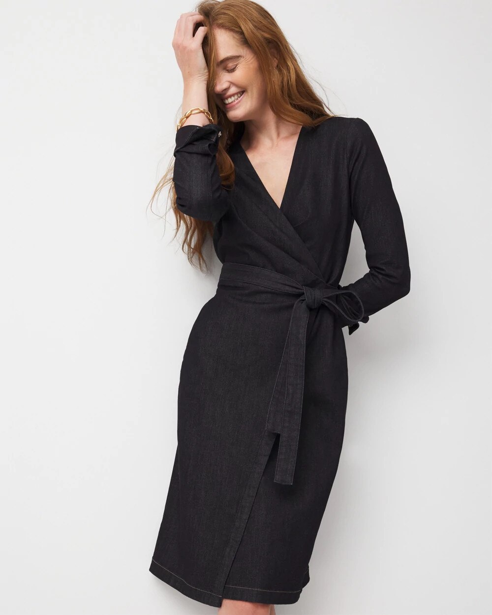 Denim Wrap Midi Dress Midnight Rinse Wash