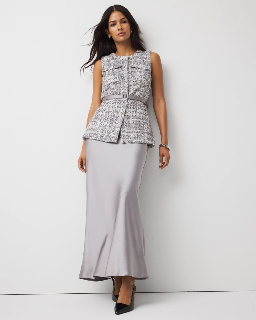 Tweed Vest + Satin Maxi Skirt Silver