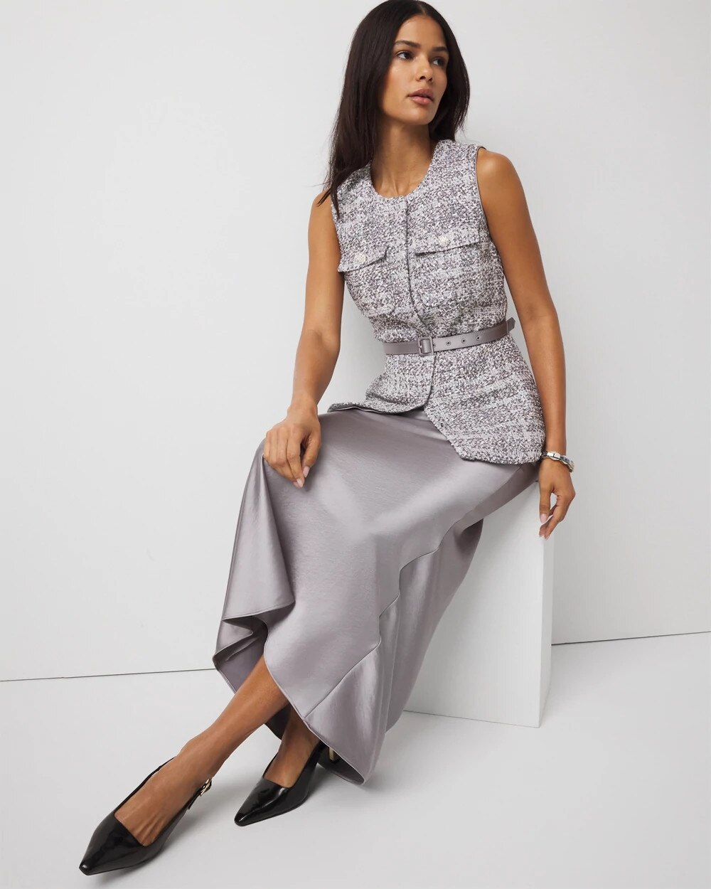 Tweed Vest + Satin Maxi Skirt Silver