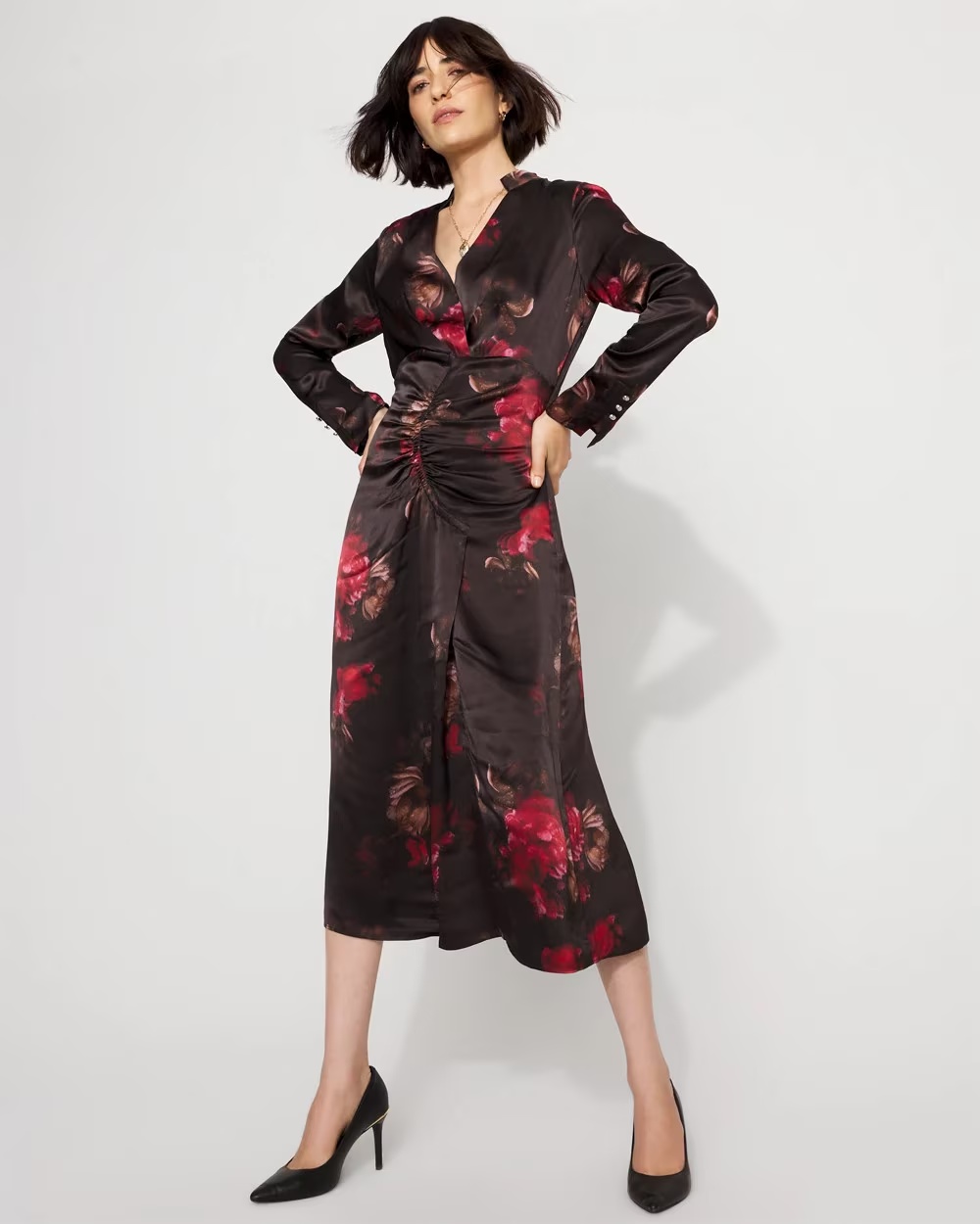 Floral Ruched Sheath Dress Photografico Black
