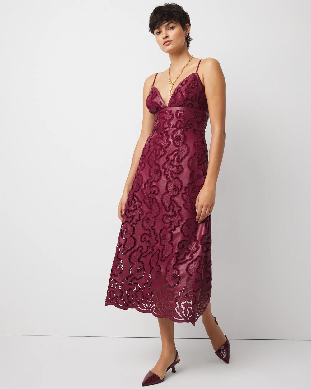 Faux Leather Lace Midi Dress Cherry Wine