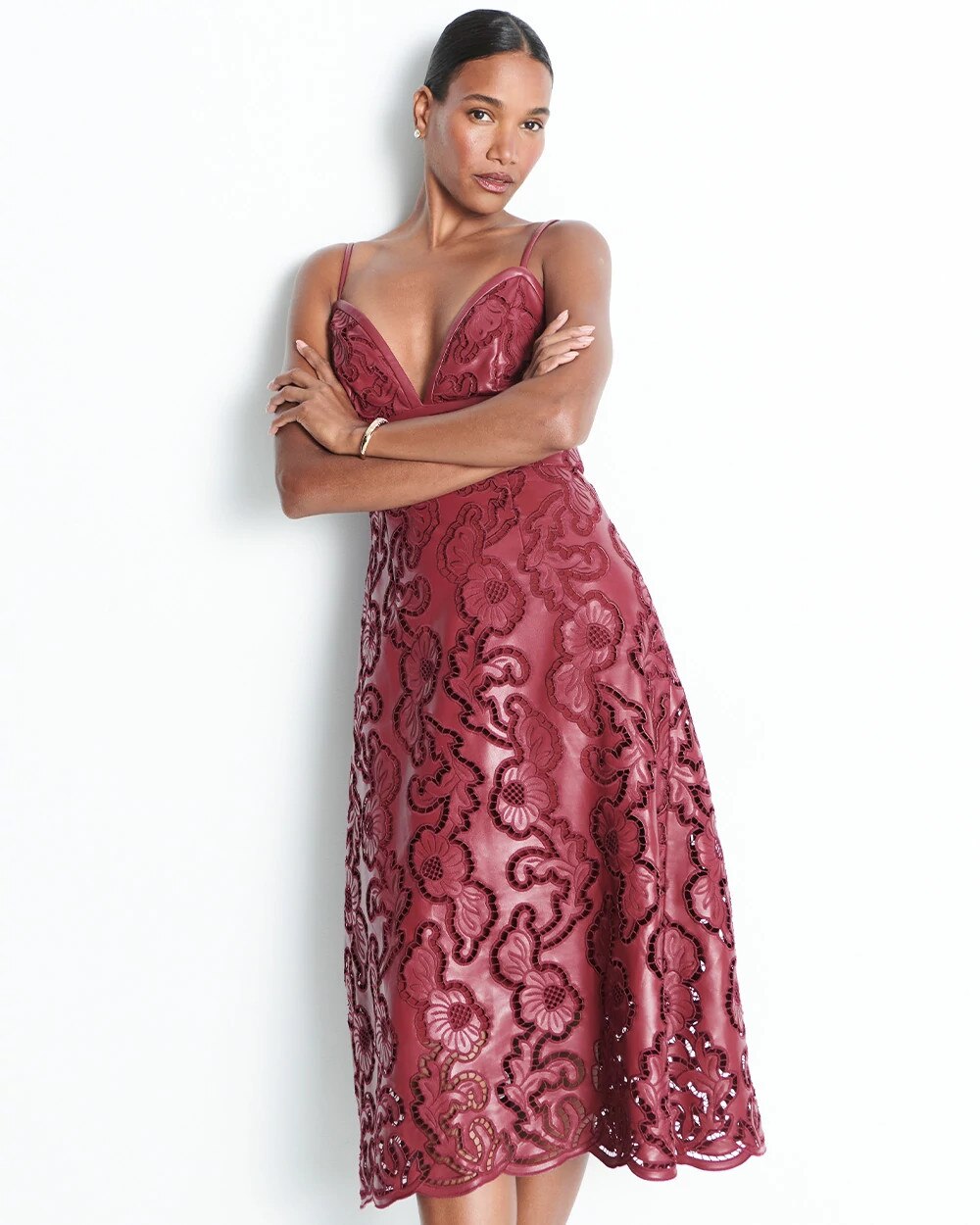 Faux Leather Lace Midi Dress Cherry Wine