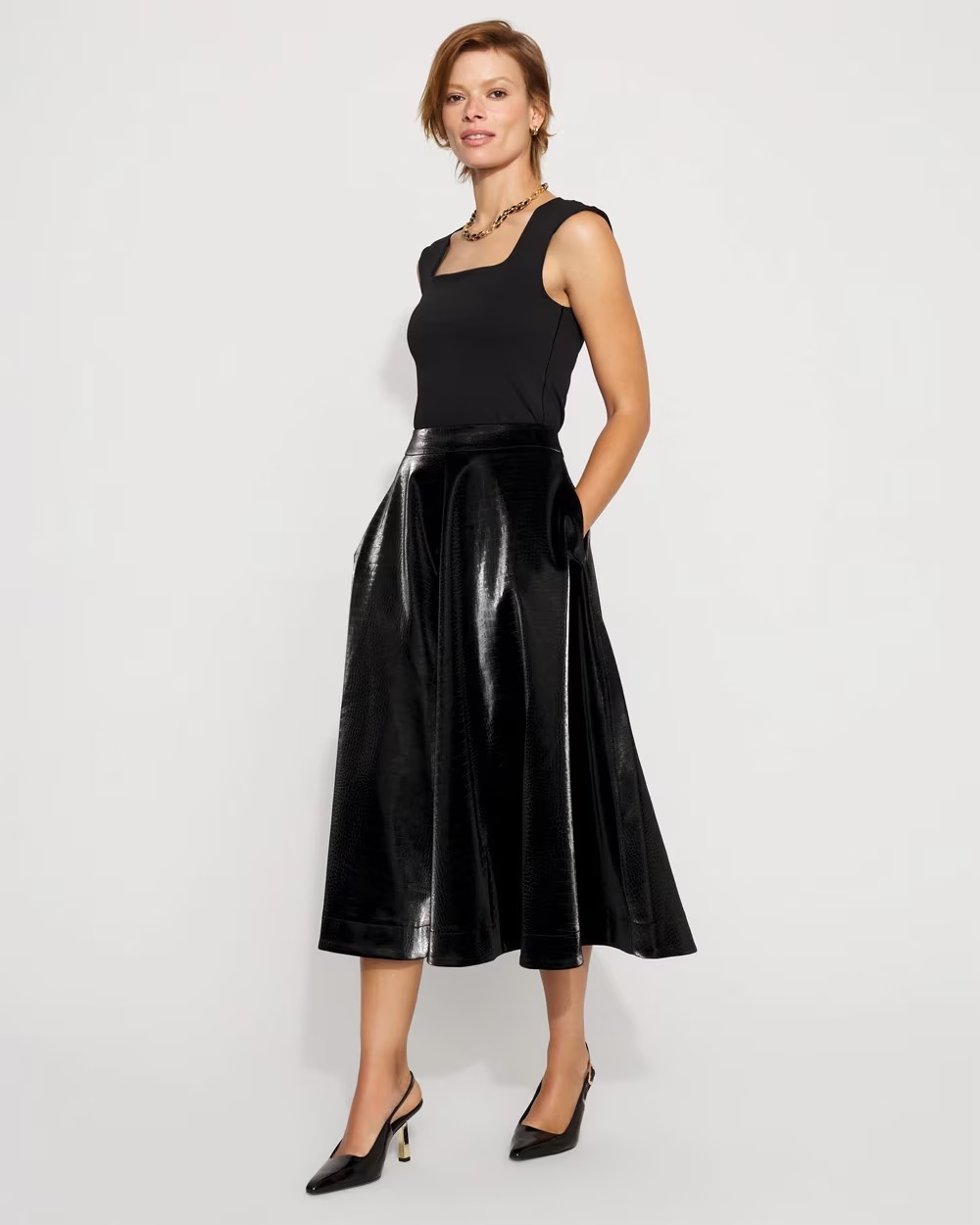 Faux Croc Midi Skirt Black