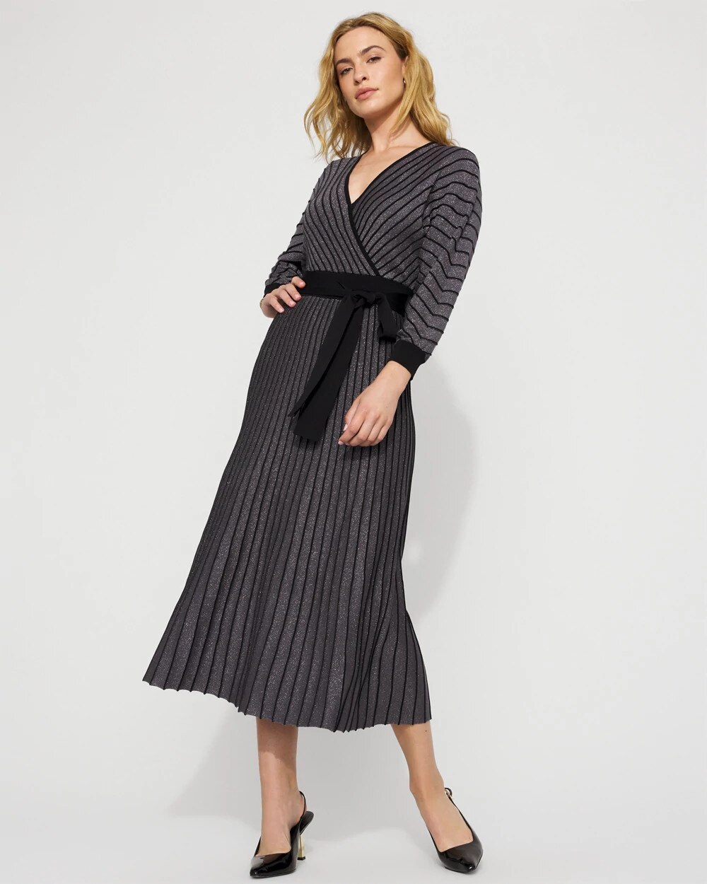 Dolman Sleeve Pleated Sweater Dress Grey/Black