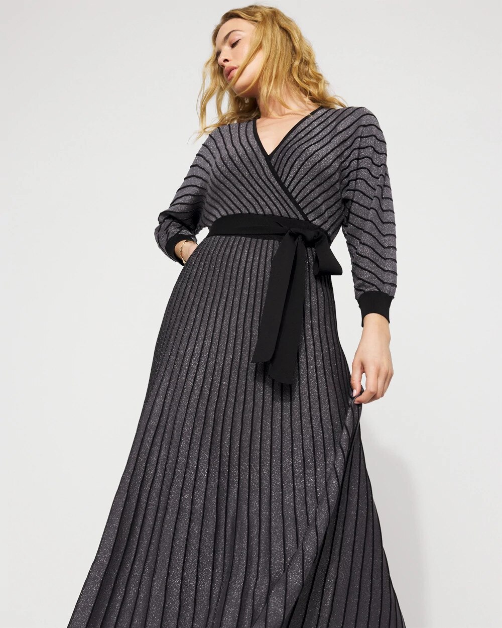 Dolman Sleeve Pleated Sweater Dress Grey/Black