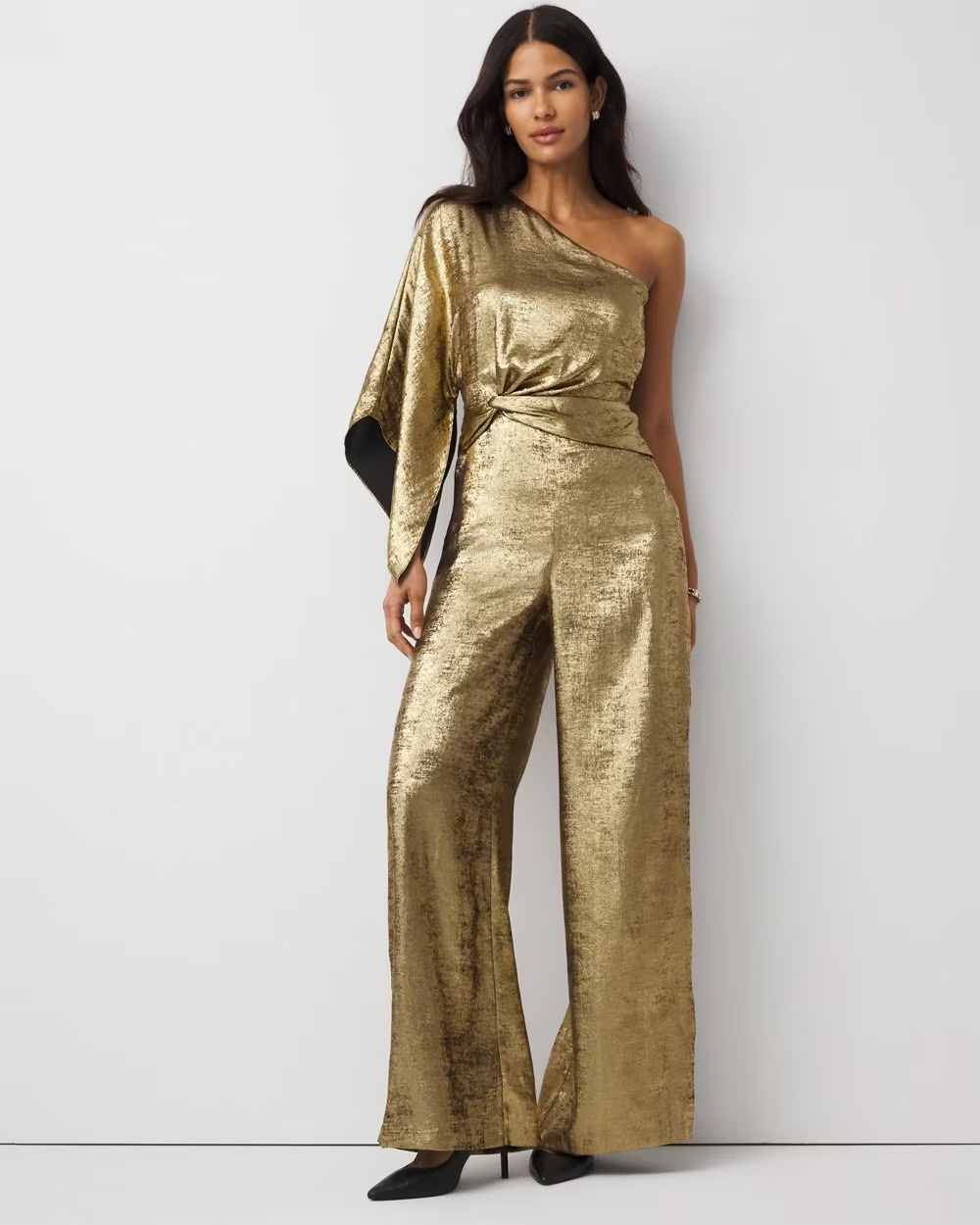 One-Shoulder Metallic Chiffon Jumpsuit Bronze Gold Metallic