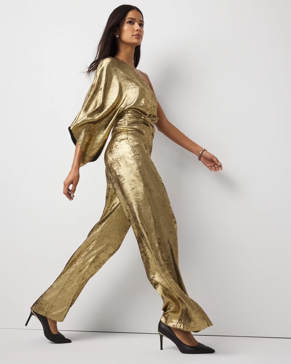 One-Shoulder Metallic Chiffon Jumpsuit Bronze Gold Metallic