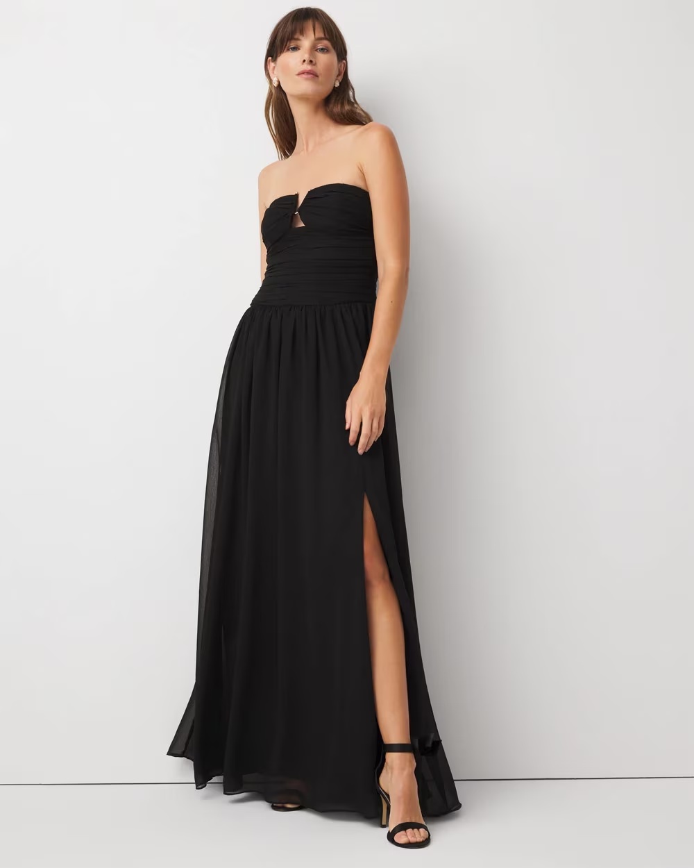 Chiffon Pleated Strapless Gown Black