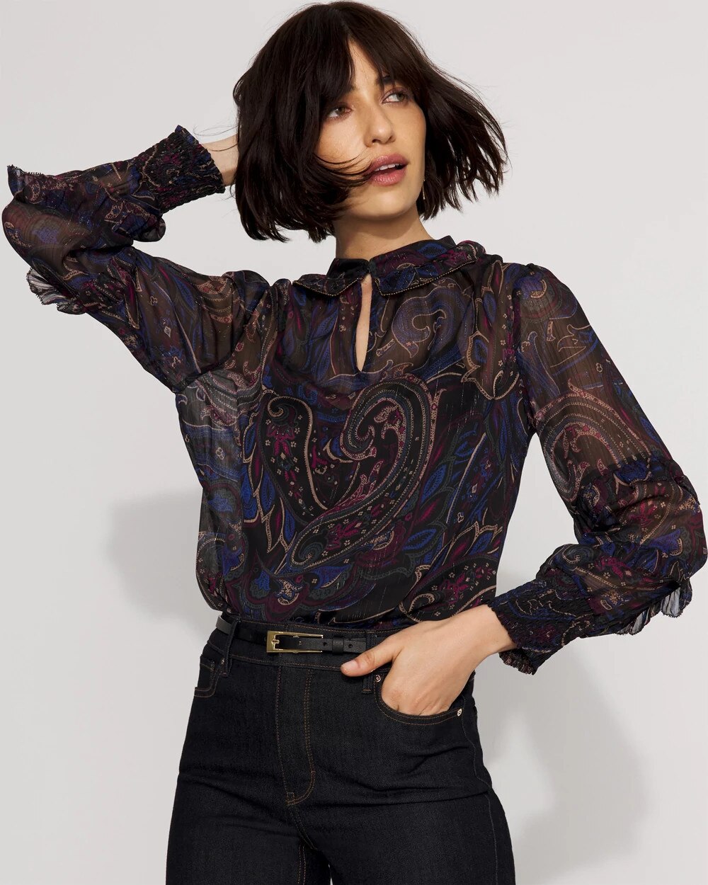 Jacquard Ruffle Sleeve Chiffon Blouse Arcane Paisley L Black