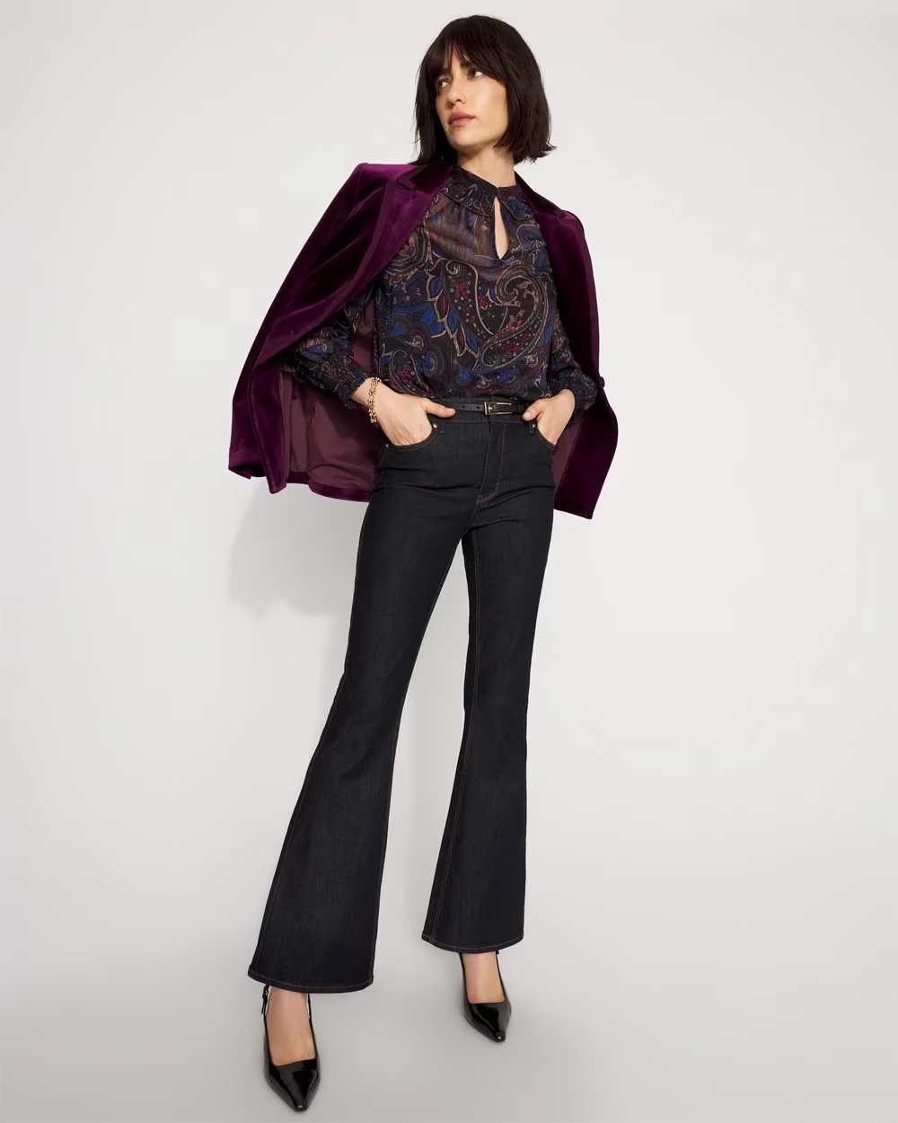 Jacquard Ruffle Sleeve Chiffon Blouse Arcane Paisley L Black