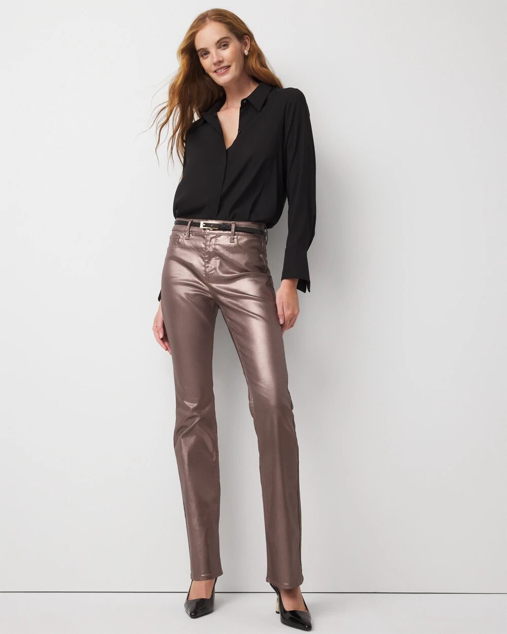 High Rise Metallic Coated Bootcut Jean Champagne Foil