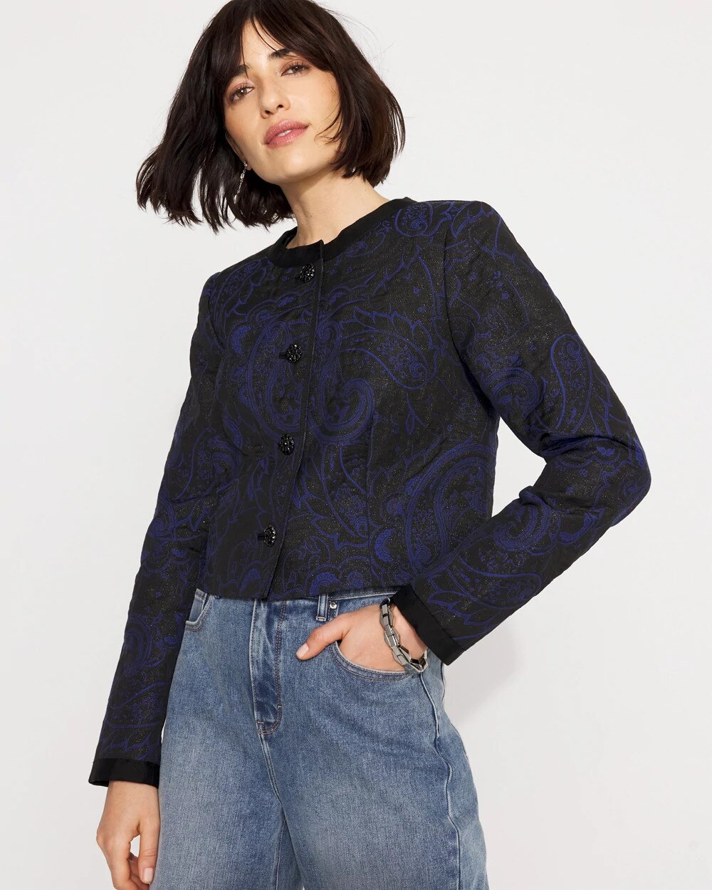 Jacquard Collarless Jacket Arcane Paisley Met Black