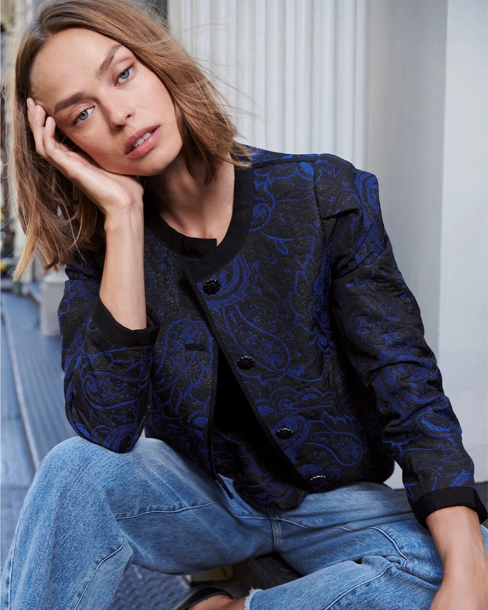 Jacquard Collarless Jacket Arcane Paisley Met Black
