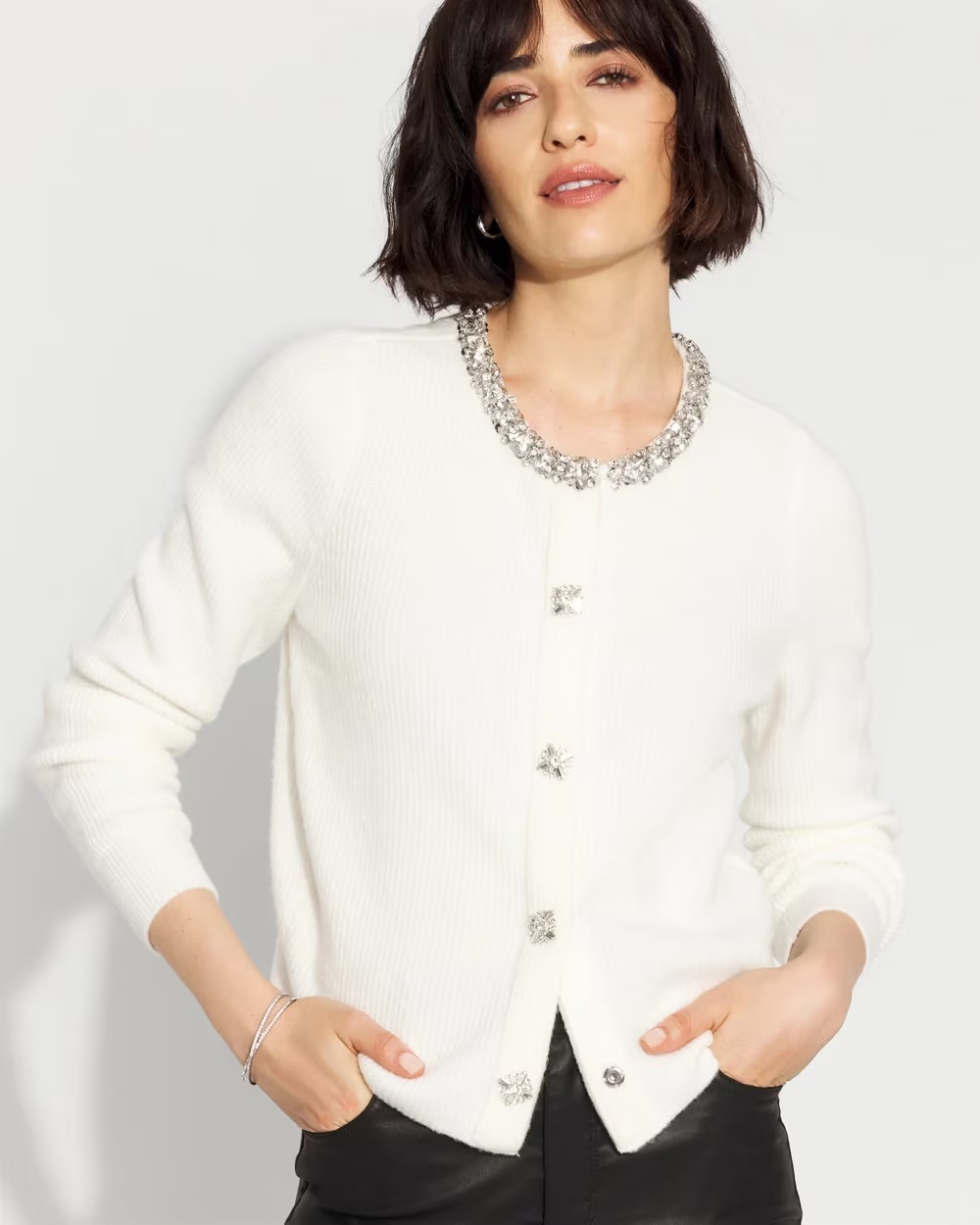 Embellished Button-Front Cardigan Antique White
