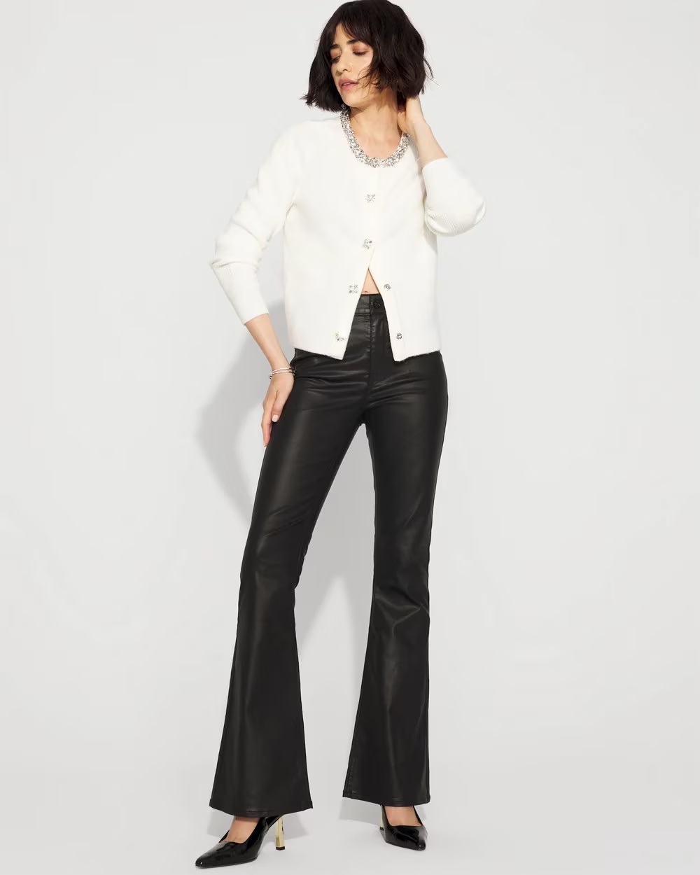 Embellished Button-Front Cardigan Antique White