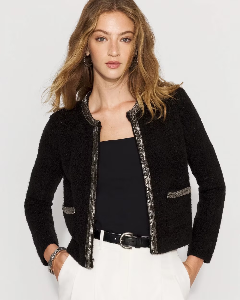 Embellished Tweed Sweater Jacket Black