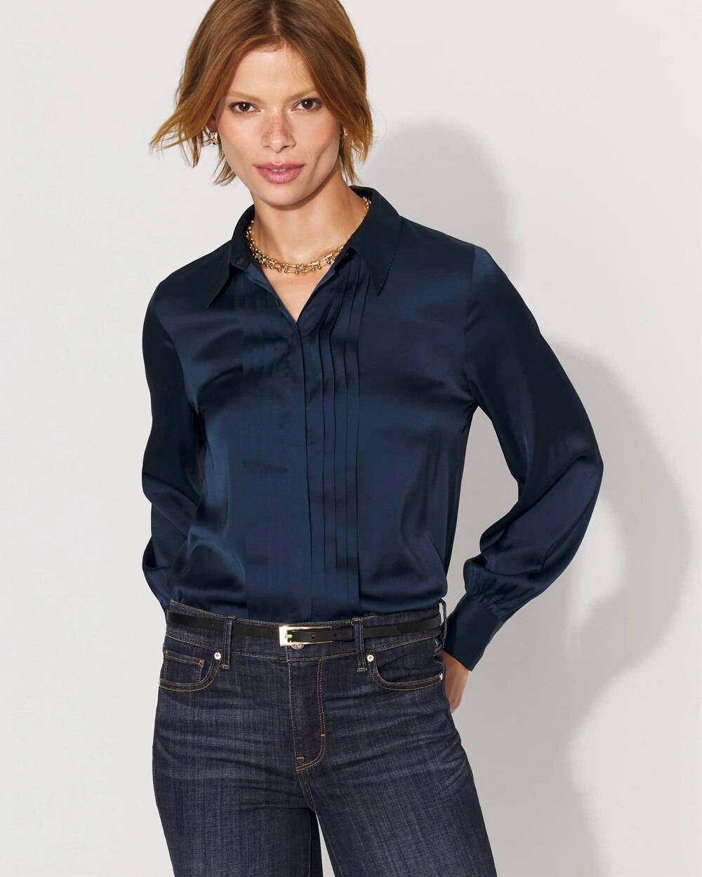 Pintuck Satin Shirt River Teal