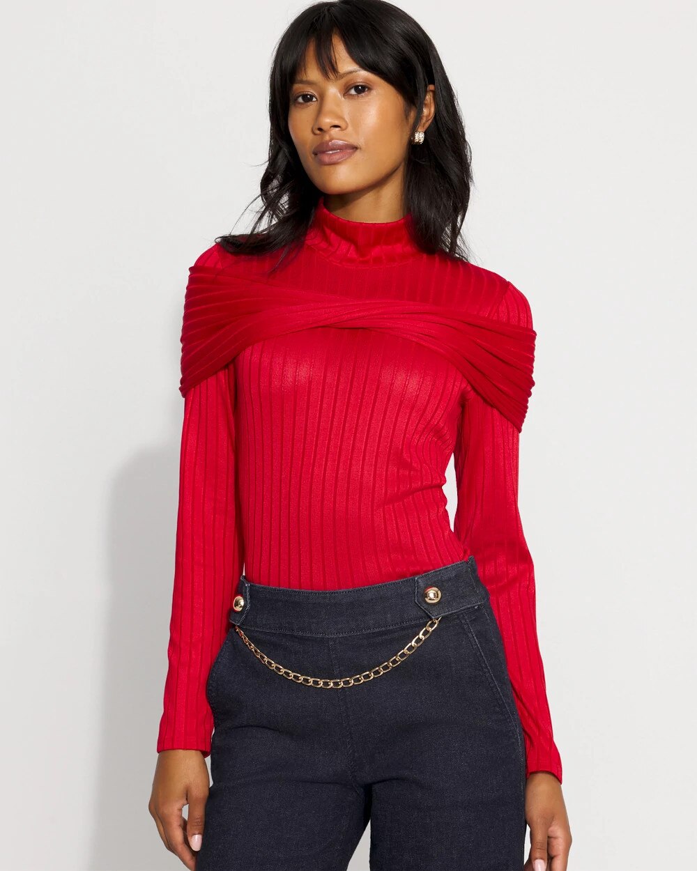 Petite Convertible Mockneck Rib Knit Top Ruby Rush
