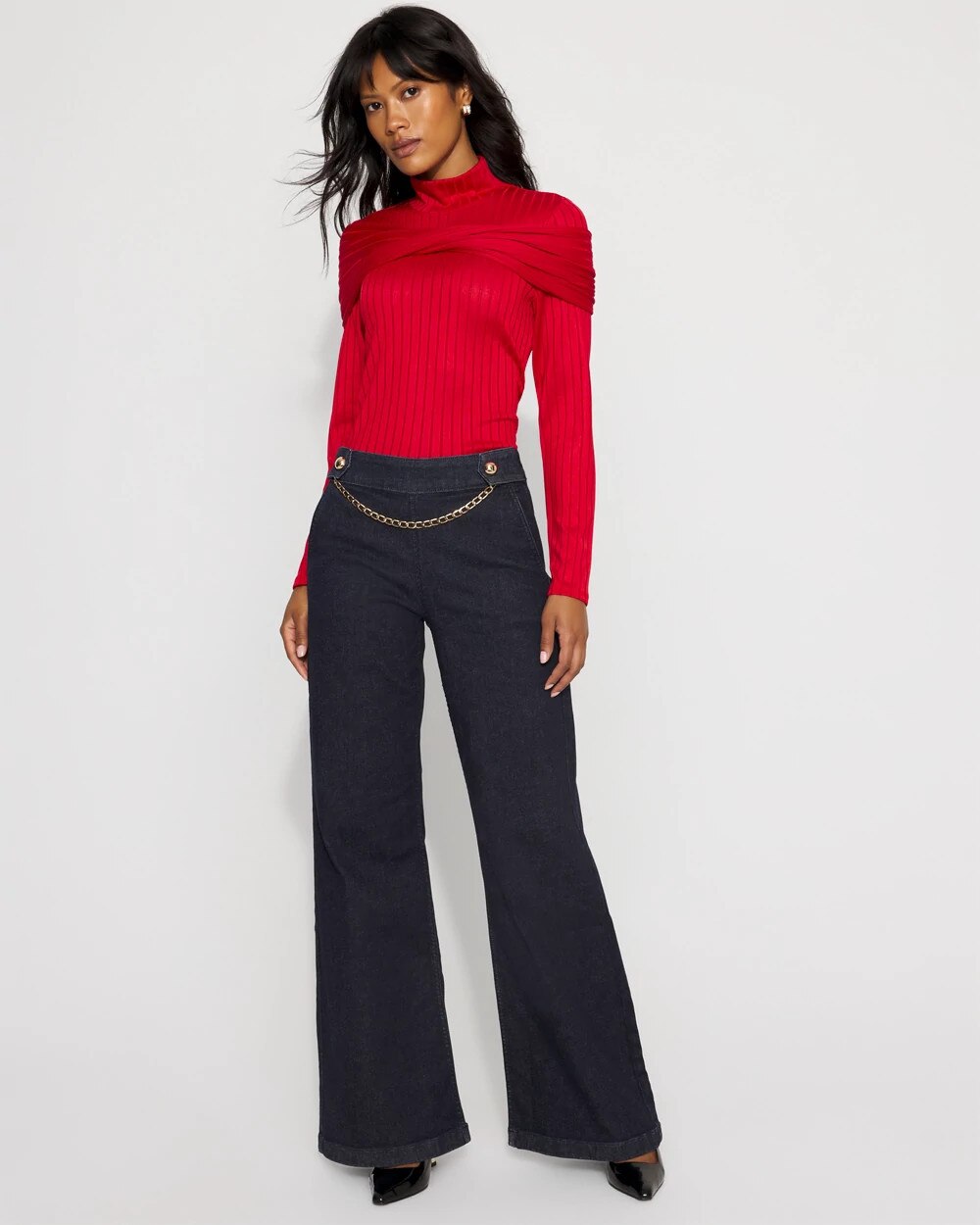 Chain Detail Extra High Rise Wide-Leg Jean Midnight Rinse Wash