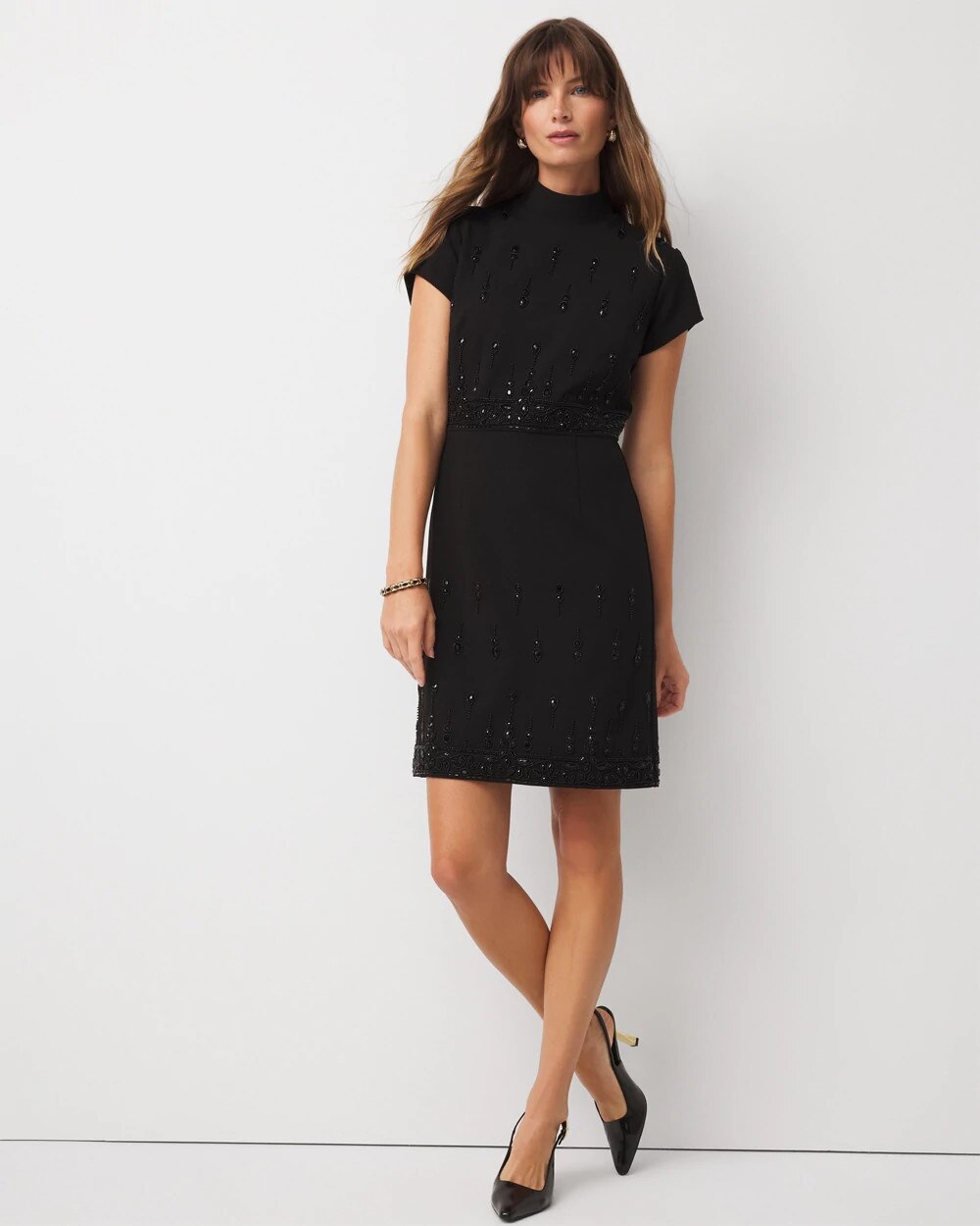 Mockneck Embellished Crepe Dress Black