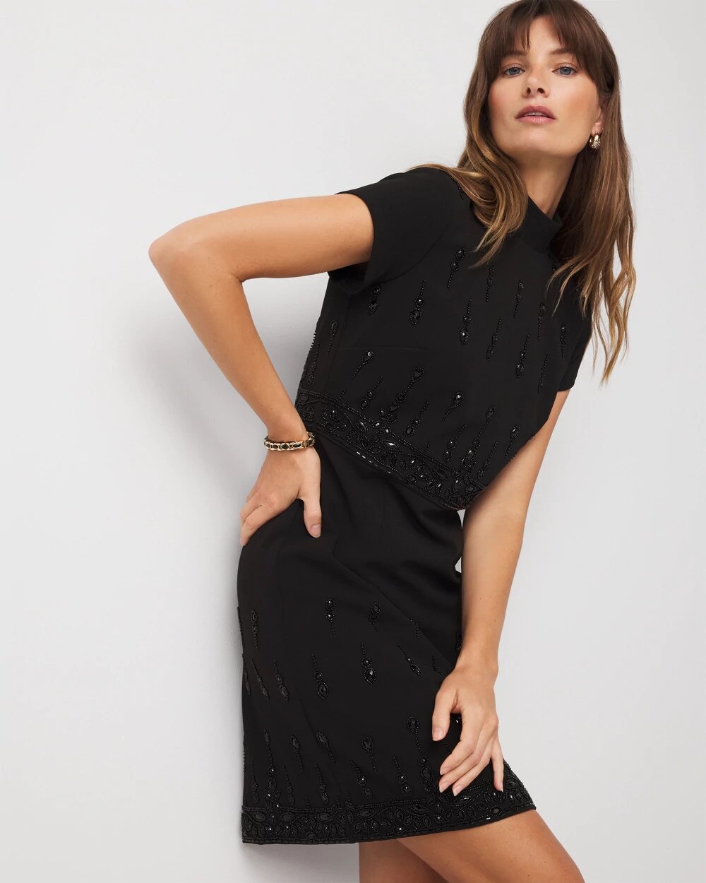 Mockneck Embellished Crepe Dress Black