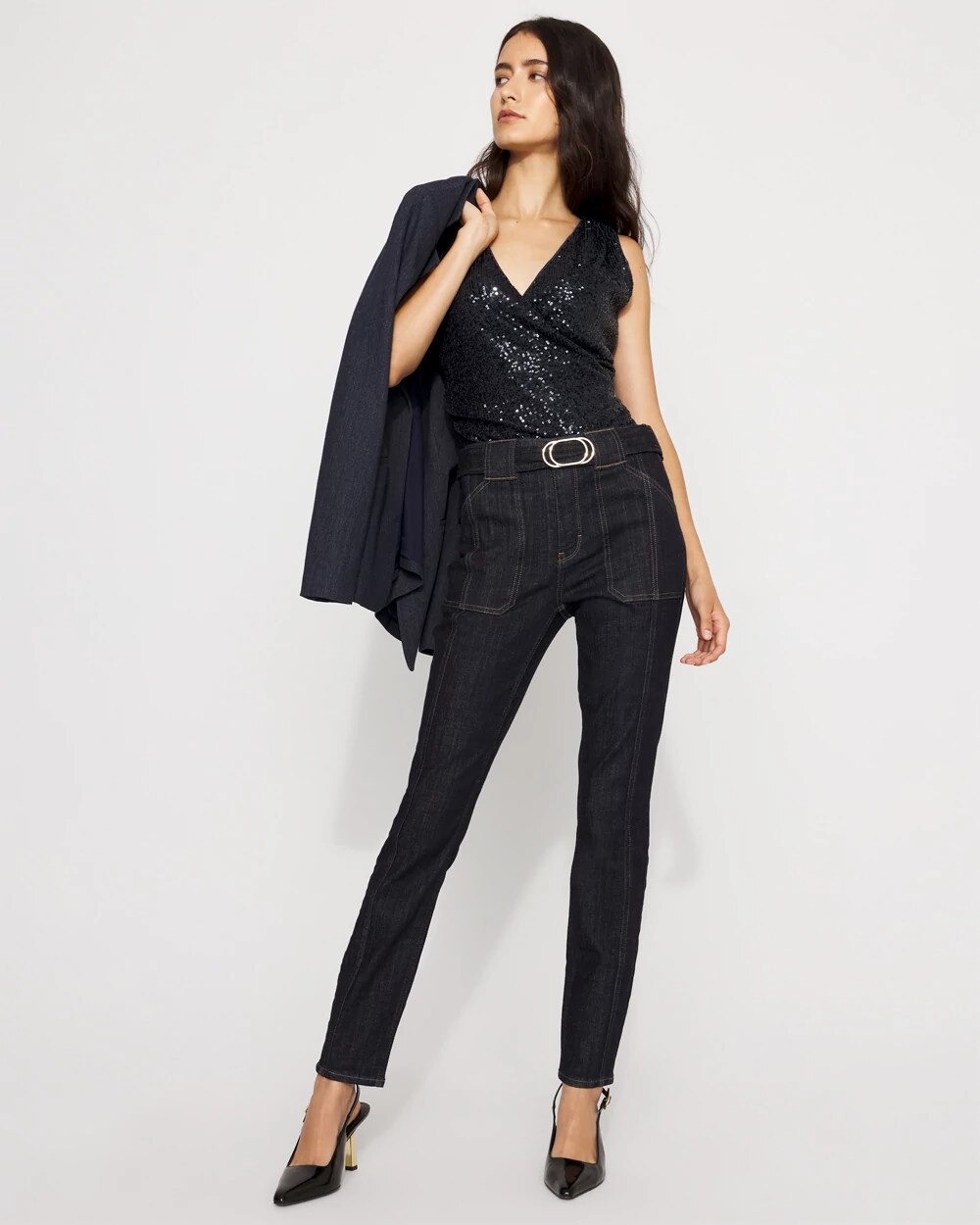 Belted High Rise Skinny Jean Midnight Rinse Wash