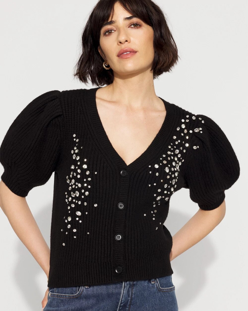Embellished Puff Sleeve Button-Front Cardigan Black