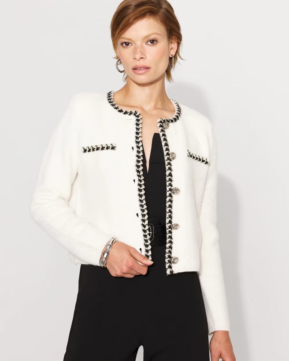 2426-Black-and-White-Tweed-Sweater-Jacket-Ecru-Gold-Lurex-1.jpg Black and White Tweed Sweater Jacket Ecru/Gold Lurex