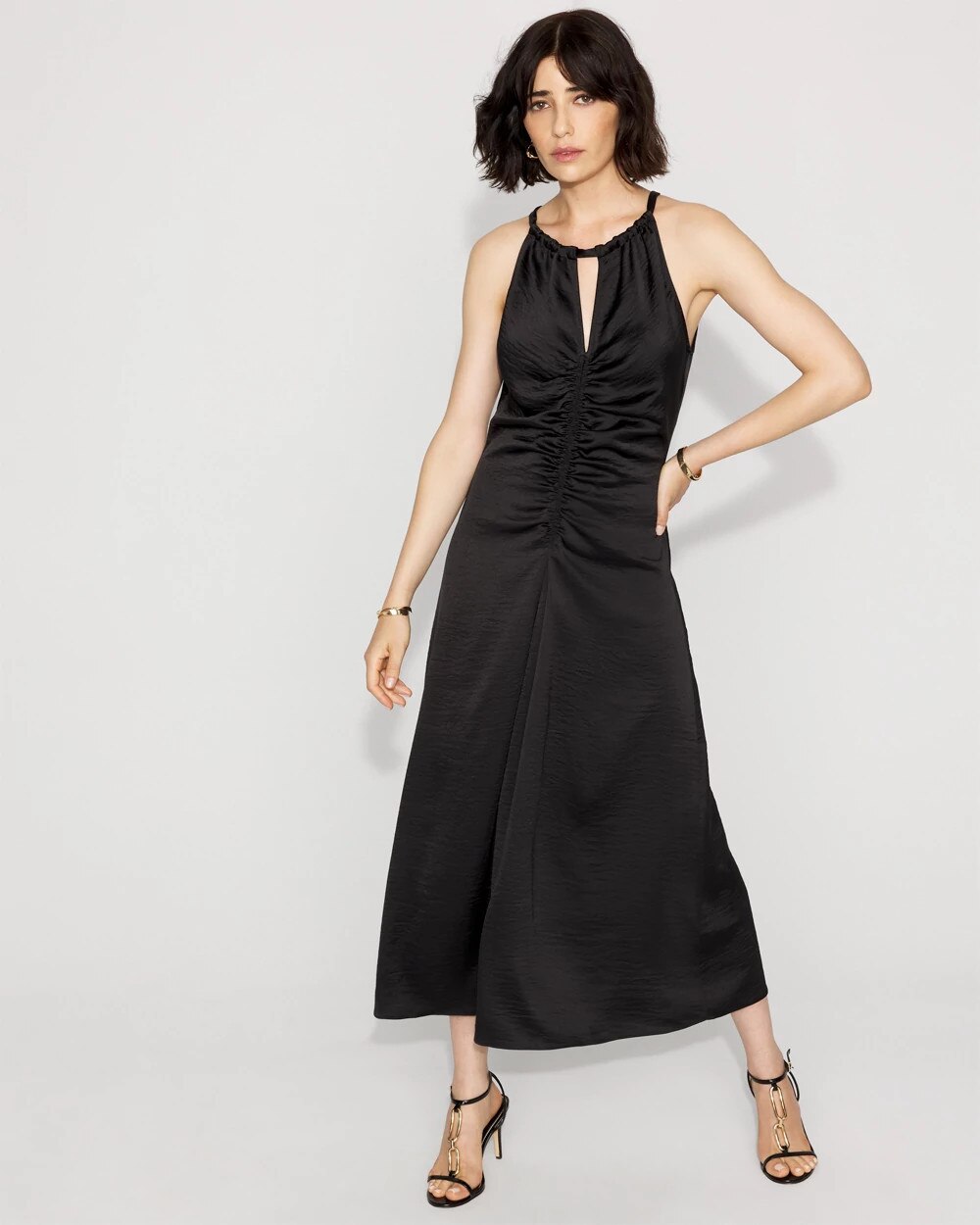 Petite Satin Halter Ruched Midi Dress Black