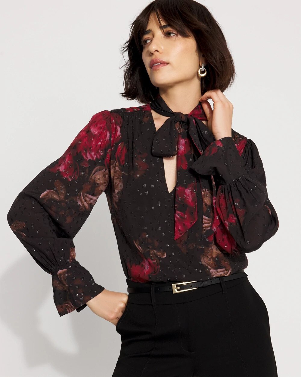 2769-Jacquard-Tie-Neck-Blouse-Photografico-Black-1.jpg Jacquard Tie-Neck Blouse Photografico Black