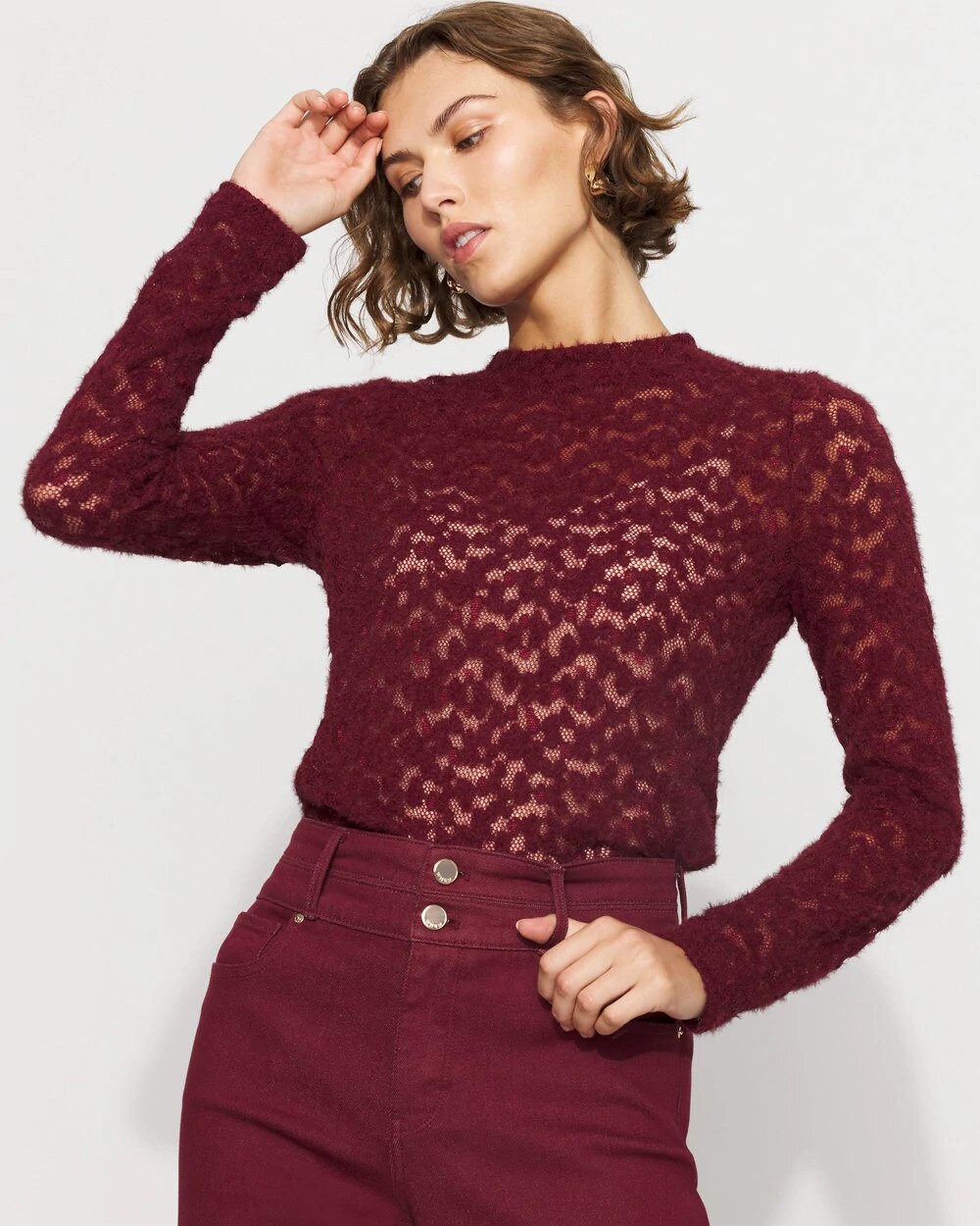 Textured Lace Mockneck Top Refined Red
