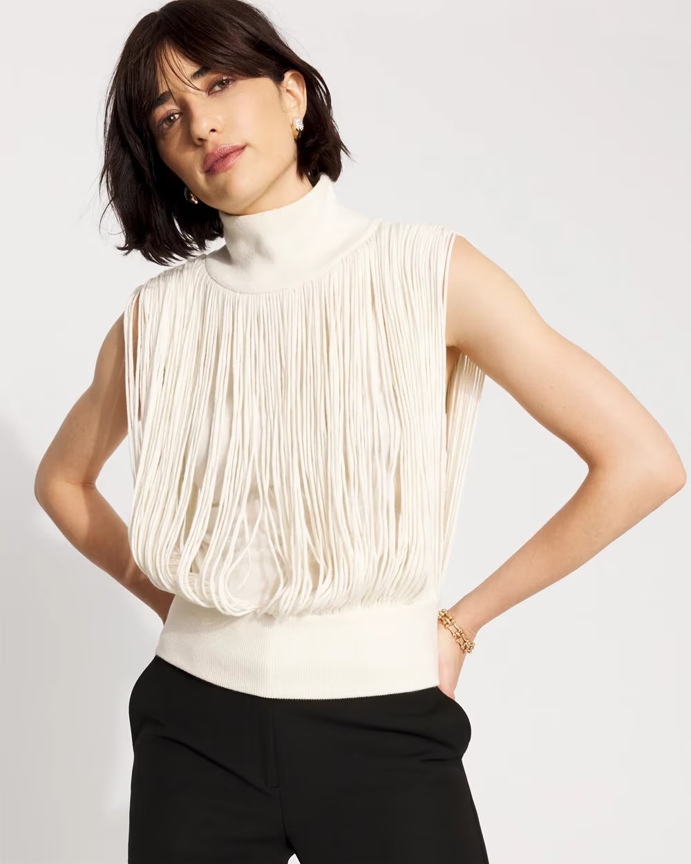 Fringe Mockneck Sweater Vest Antique White