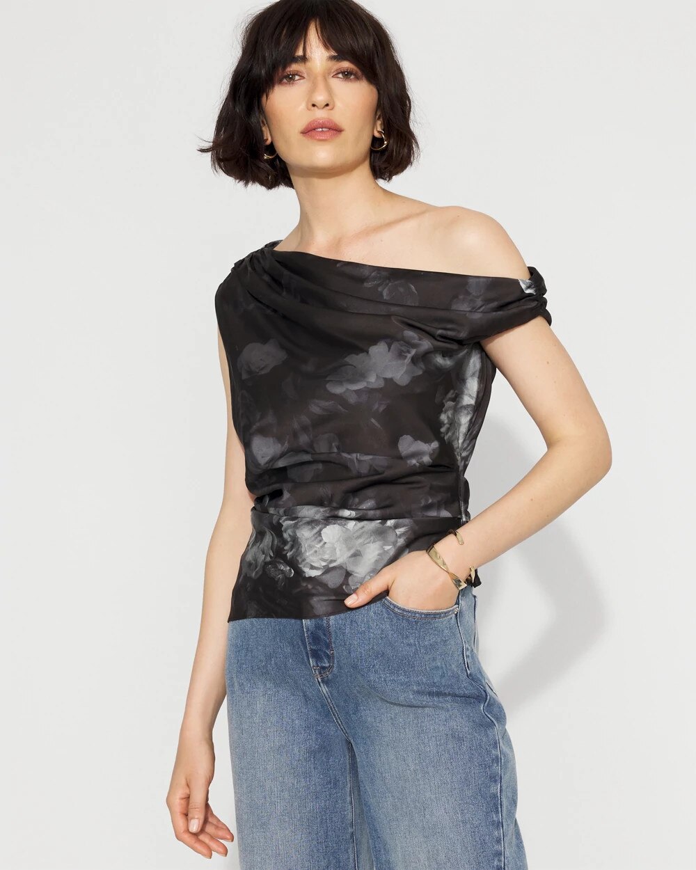Off-the-Shoulder Satin Top Photografico Black White