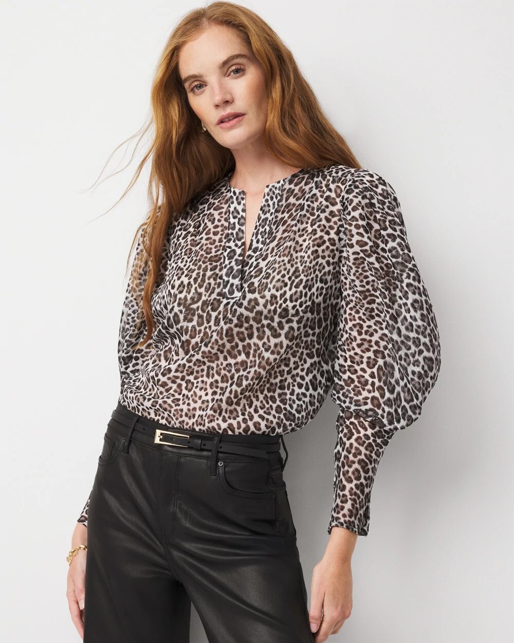 Leopard Jacquard Pleat Sleeve Blouse Leopard Gala Black