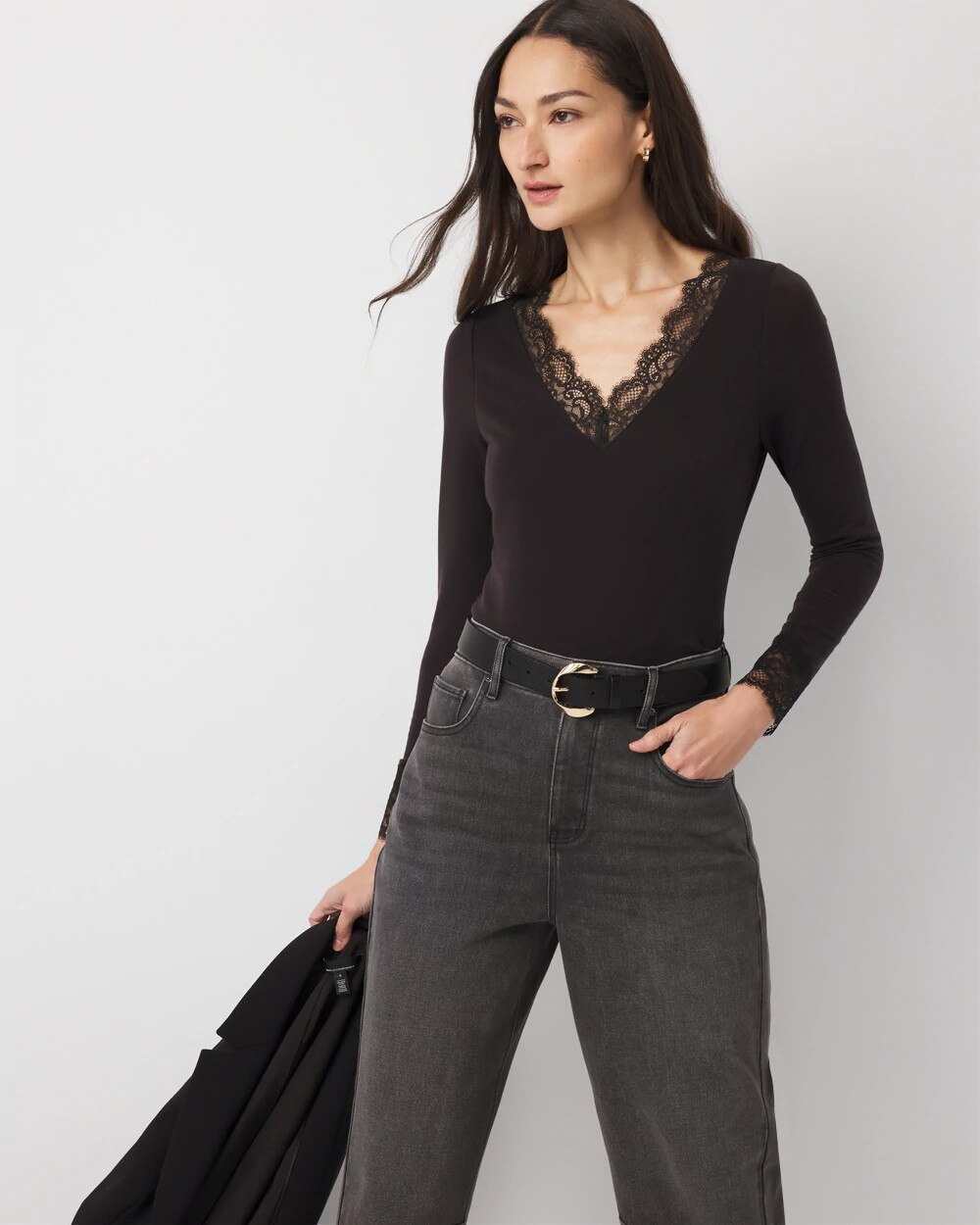Lace Trim Long Sleeve Tee Black