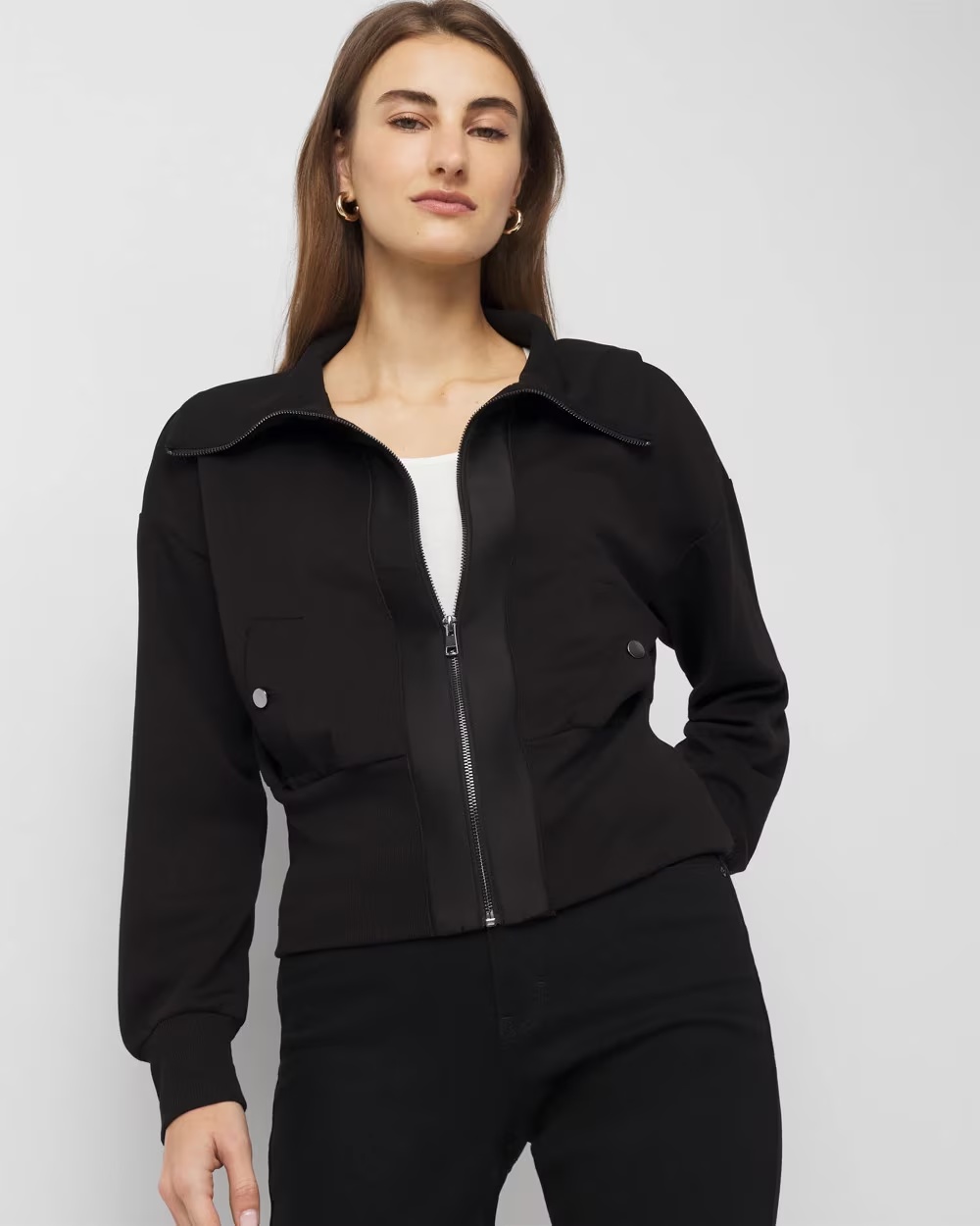Rib Trim Zip-Up Jacket Black