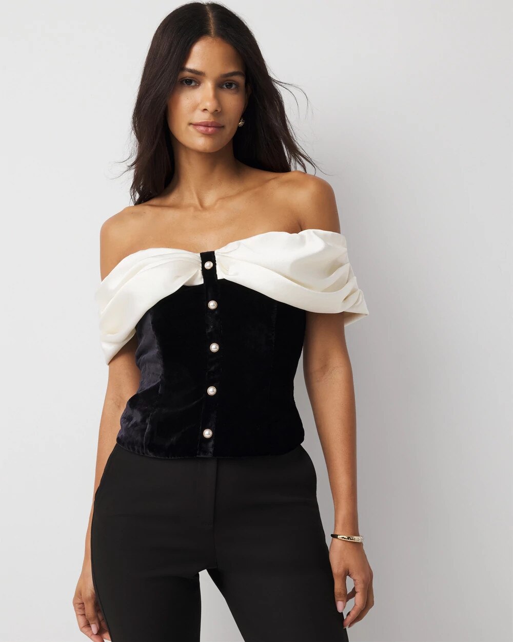 Satin + Velvet Bustier Ecru Black Colorblock