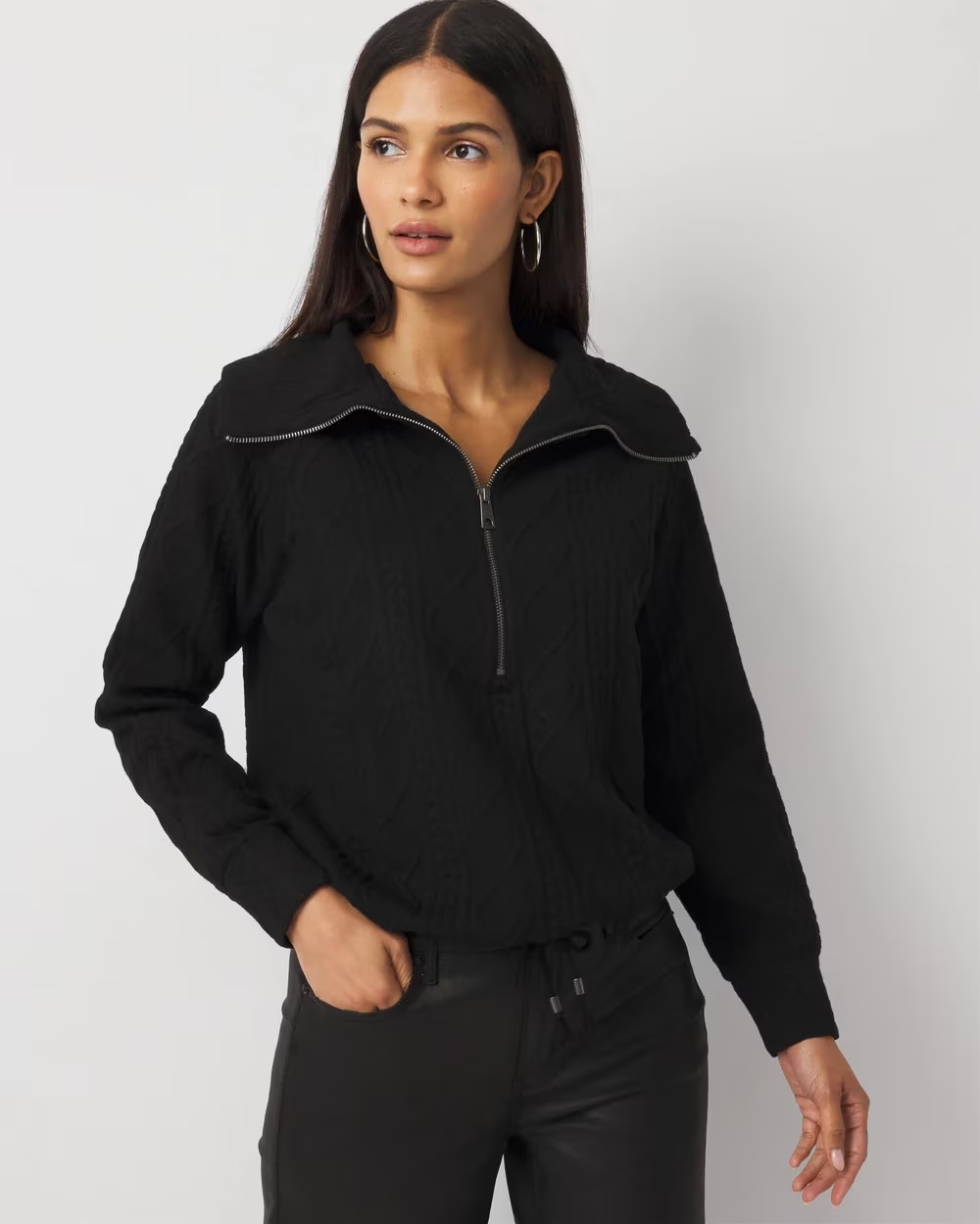 Funnel Neck Cable Knit Pullover Black