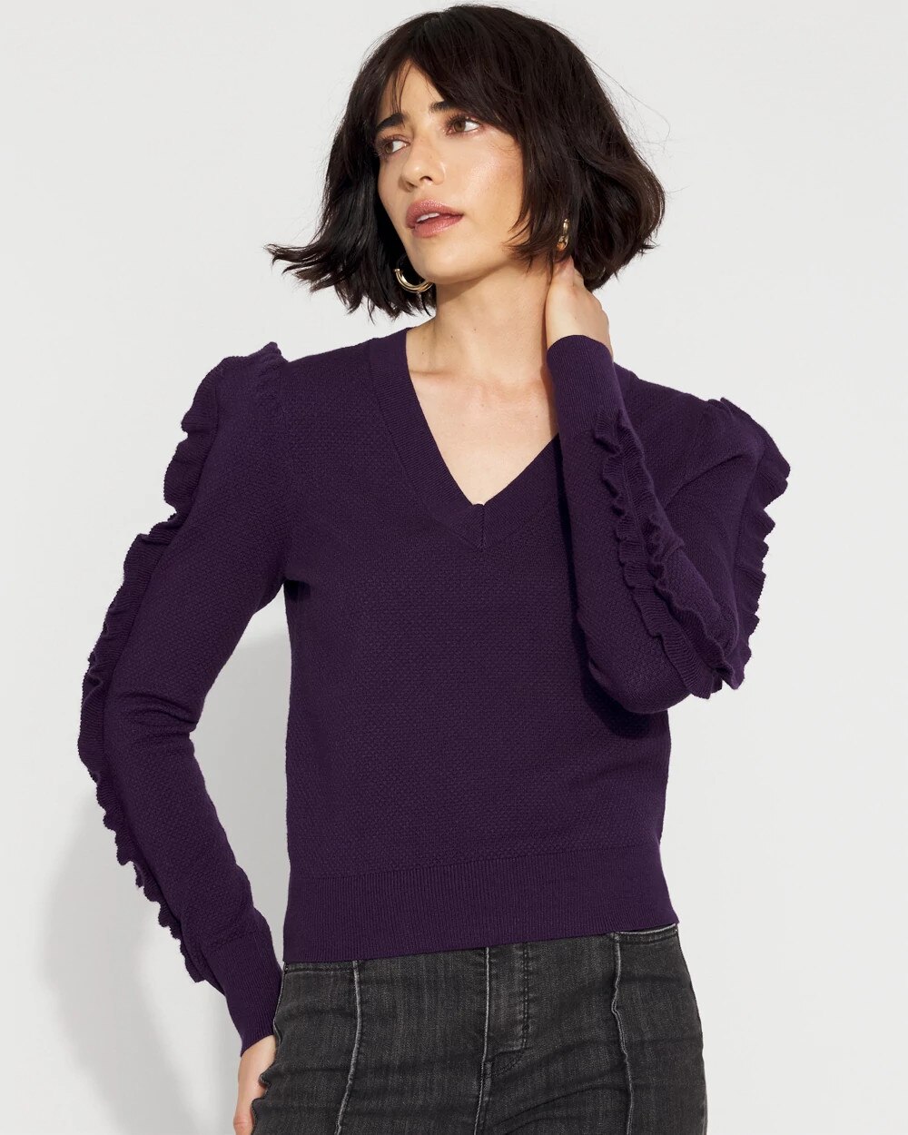 Ruffle Sleeve Pullover Sweater Deep Amethyst