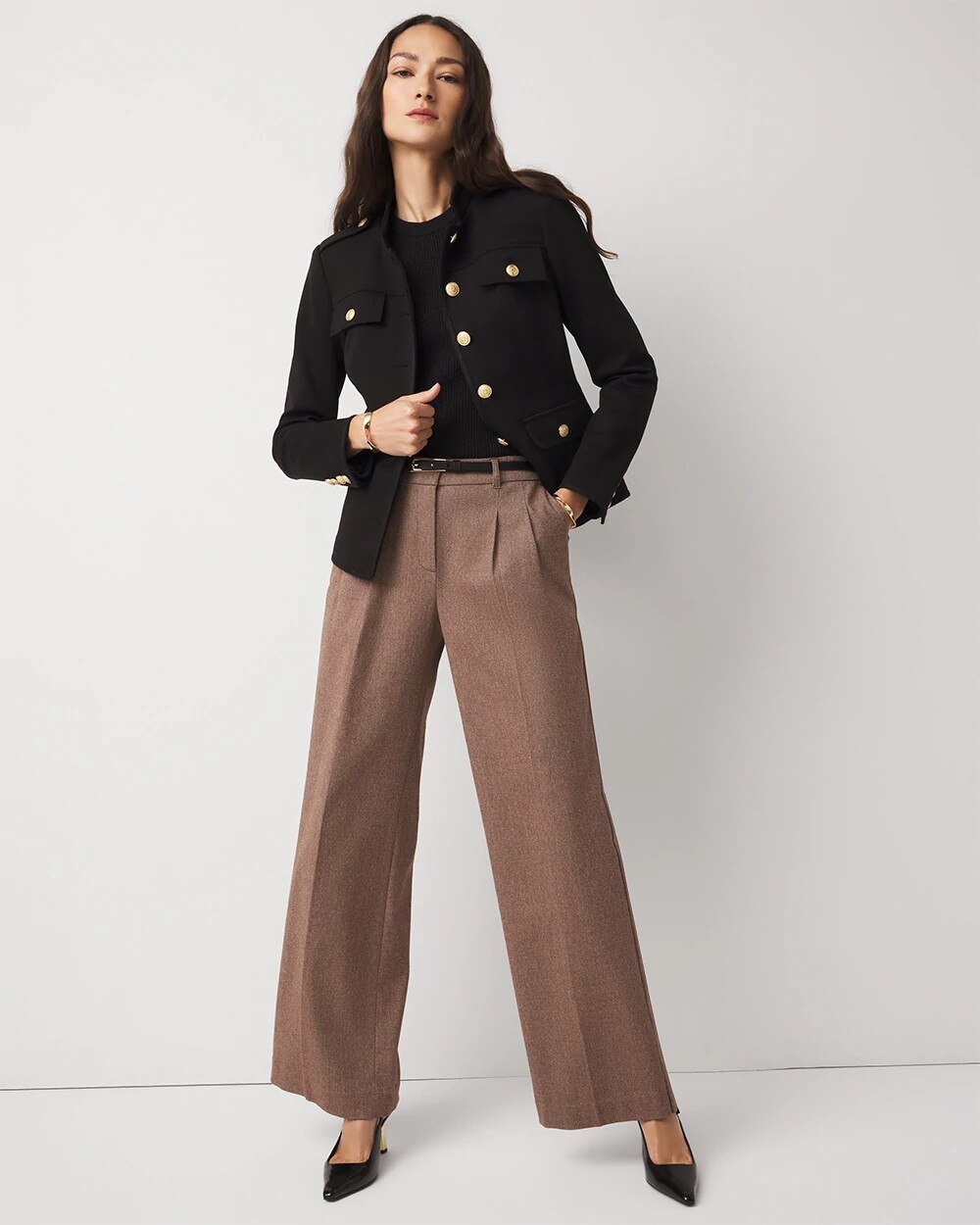 High-Rise Belted Tweed Wide-Leg Pant Chocolate Checkered
