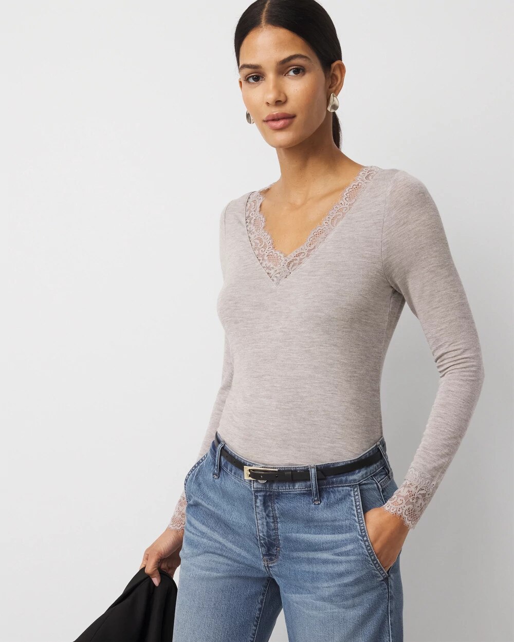 Lace Trim Long Sleeve Tee Heathered Studio Gray