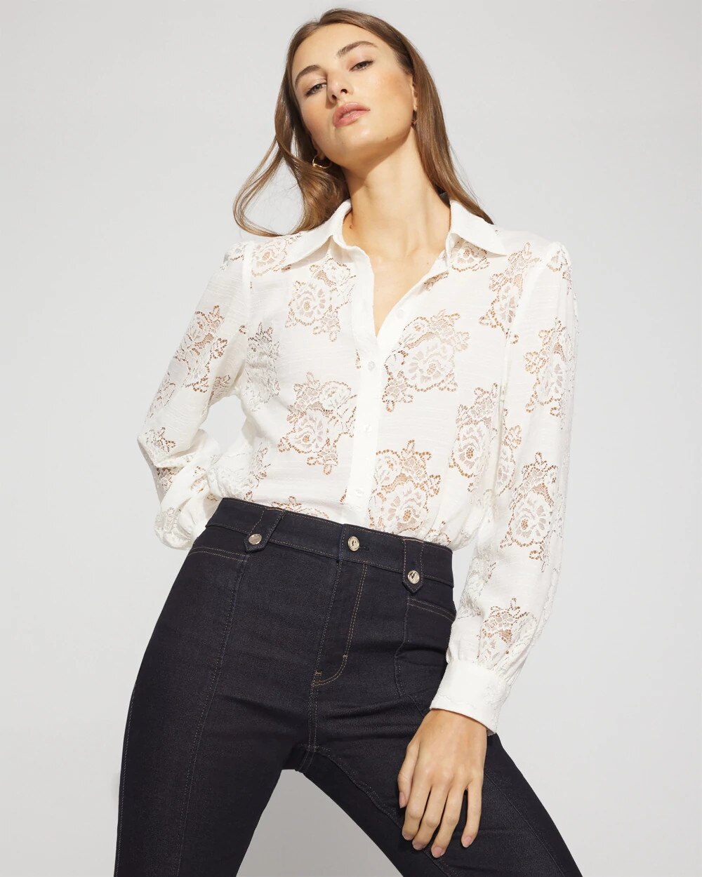 Lace Shirt with Scalloped Hem Ecru