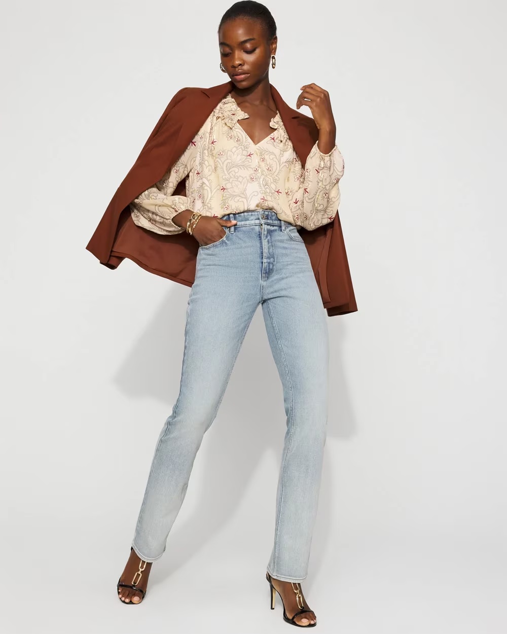 Floral Ruffle Neck Blouse With Gold Clip Lush Lace Champagne - White ...
