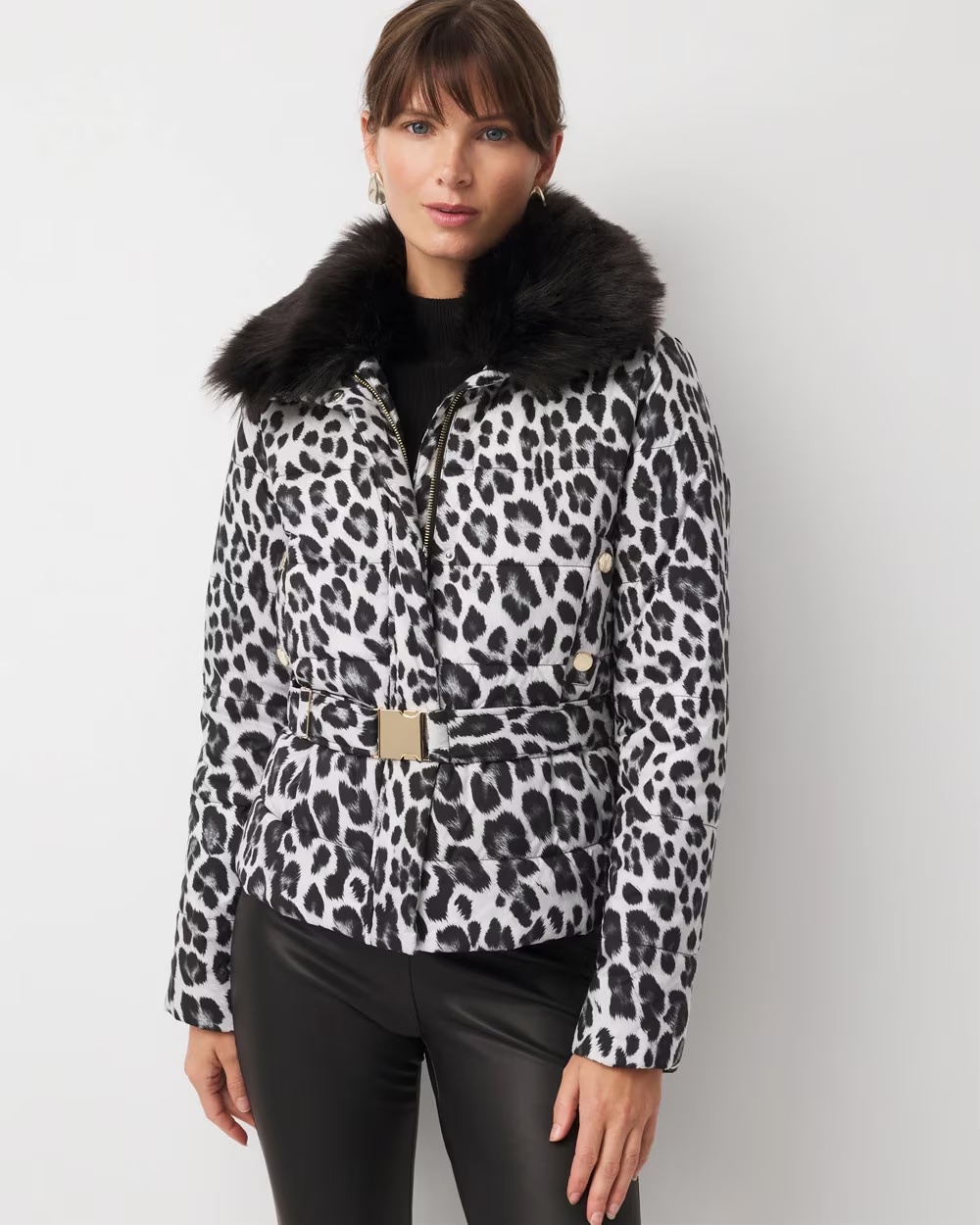 Faux Fur Collar Leopard Puffer Jacket Leopard Gala L Black
