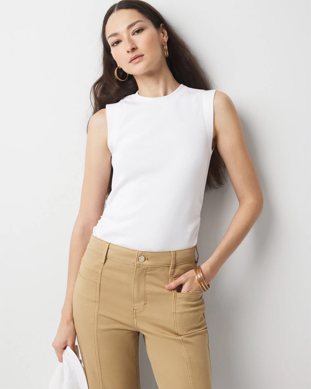 WHBM FORME‚Ñ?Ribbed Stretch Ruched Side Tank White