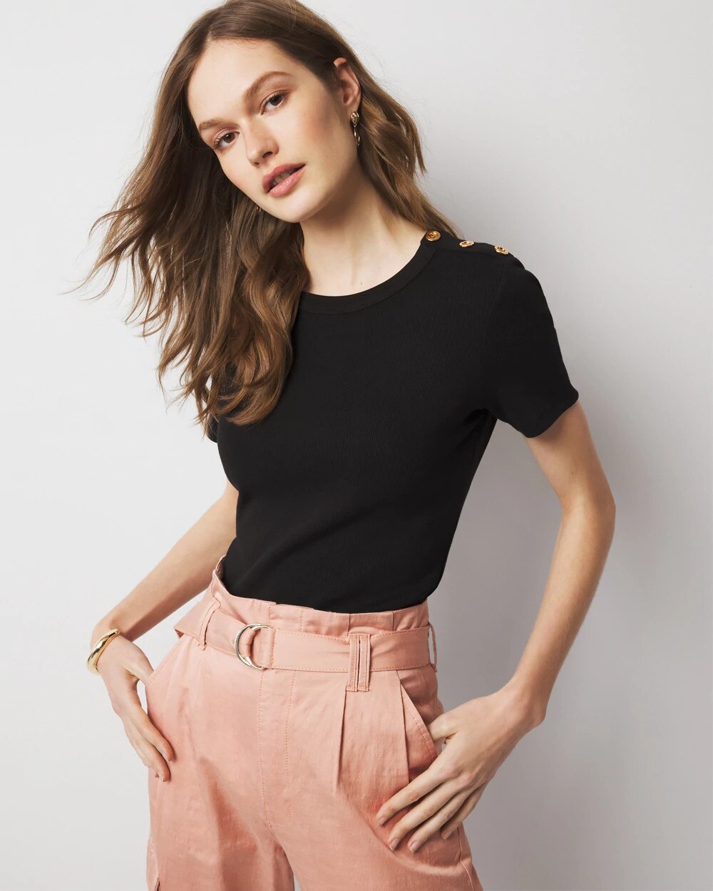 WHBM FORME‚Ñ? Ribbed Stretch Button Shoulder Tee Black