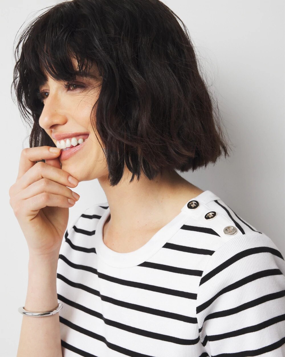 WHBM FORME‚Ñ? Ribbed Stretch Button Shoulder Tee Vast Stripe White