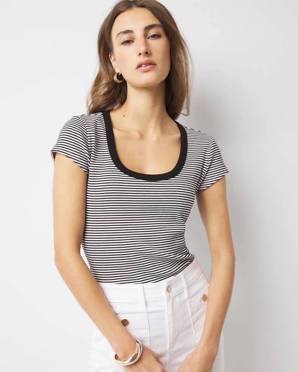 WHBMFORME‚Ñ?Ribbed Stretch Scoop Neck Tee Nova Stripe Mini White
