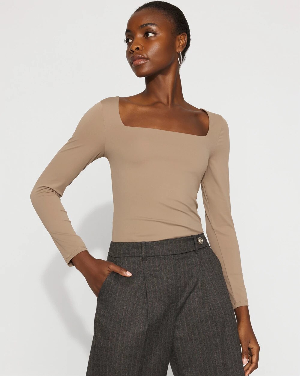 WHBM FORME‚Ñ?All Ways Stretch Square Neck Long-Sleeve Tee Taupe Tease