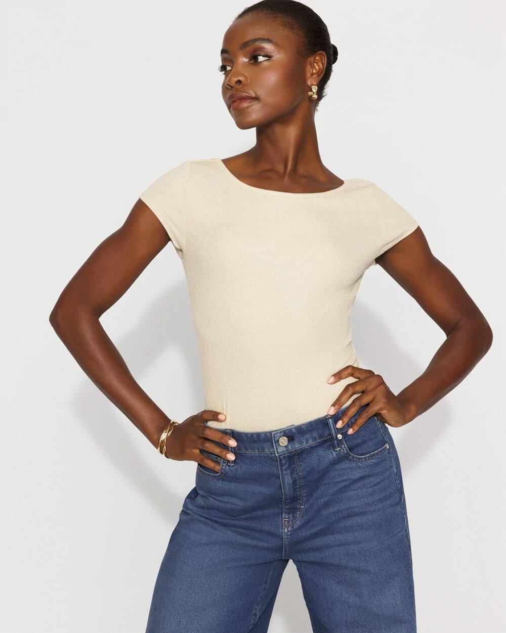 WHBM FORME‚Ñ?Ribbed Stretch Metallic Tee Antique White/Gold